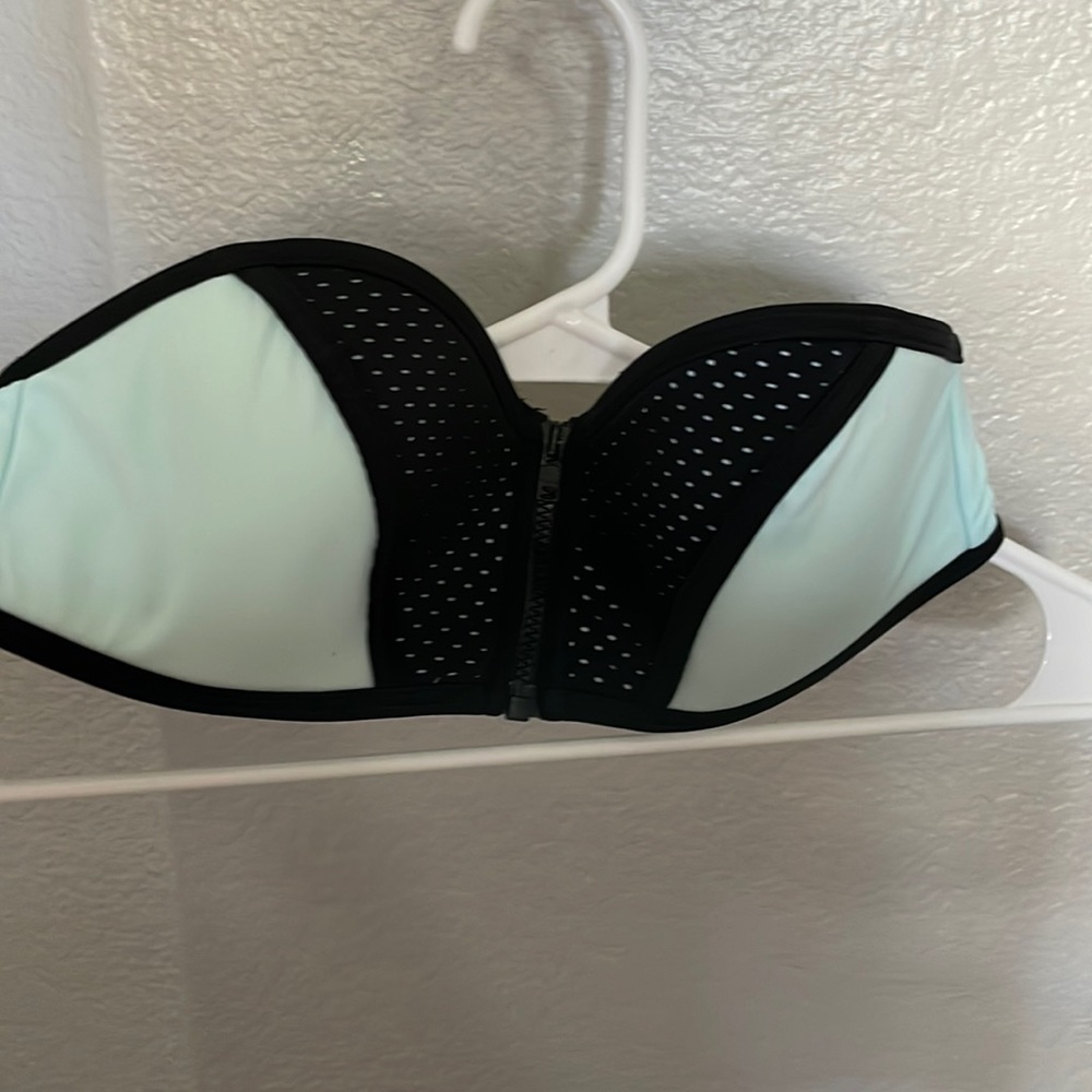Small, light blue/black strapless bra/swim top